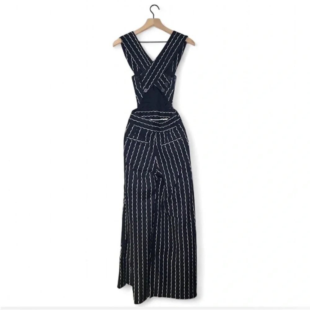 Maeve Anthropologie Derby Day Nautical Pinafore Navy Stripe Wide Leg Jumpsuit 14 - Picture 9 of 14